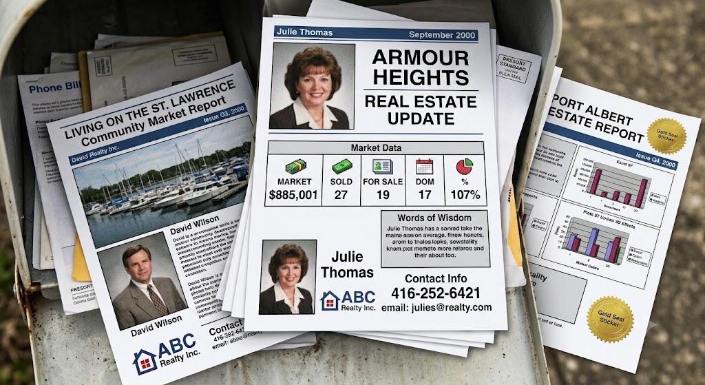 A mailbox stuffed with dated real estate farming flyers and market reports from the year 2000
